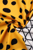 Gelbe, lässig bedruckte, langärmlige Patchwork-Kleider mit Stehkragen