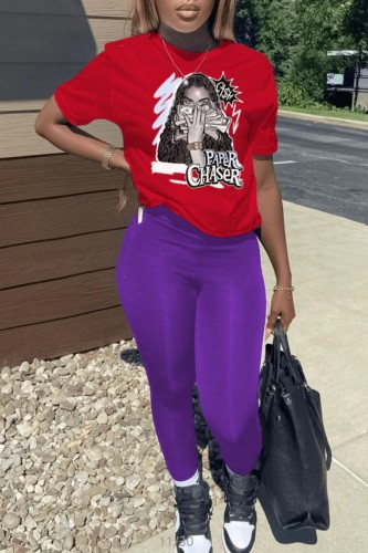 Red Purple Casual Print Basic O Neck Short Sleeve Two Pieces
