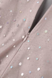 ピンク カジュアル パッチワーク スパンコール シースルー V ネック 長袖 プラス サイズ ドレス