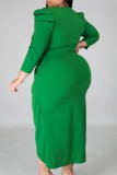 Vestidos casuais verdes de patchwork sólido decote em v manga longa plus size