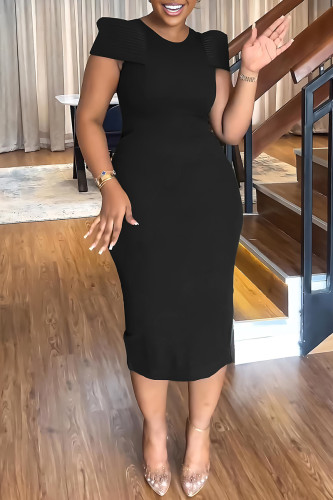 Black Casual Solid Patchwork Slit O Neck Wrapped Skirt Dresses