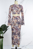 Multicolor Casual Print Basic O Neck Long Sleeve Two Pieces