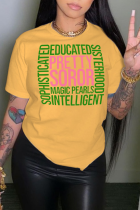 T-shirts à col rond en patchwork à imprimé vintage quotidien jaunes