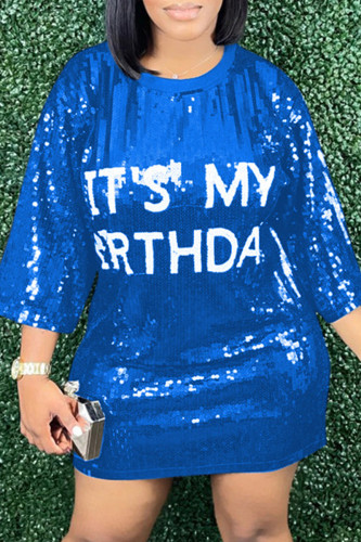 Blue Casual Letter Print Sequins Patchwork O Neck One Step Skirt Dresses (Subject To The Actual Object )