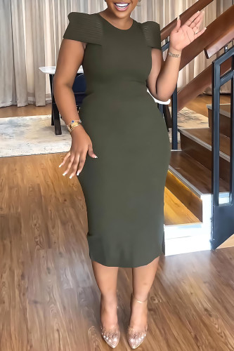 Green Casual Solid Patchwork Slit O Neck Wrapped Skirt Dresses