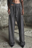 Dark Gray Street Solid Hollowed Out Draw String Pocket Loose Low Waist Straight Solid Color Bottoms