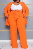 Orange Casual Solid Cardigan Hose Turn-Back-Kragen Plus Size Two Pieces