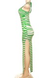 Зеленое сексуальное длинное платье с вырезом на спине и бретельками с принтом Платья