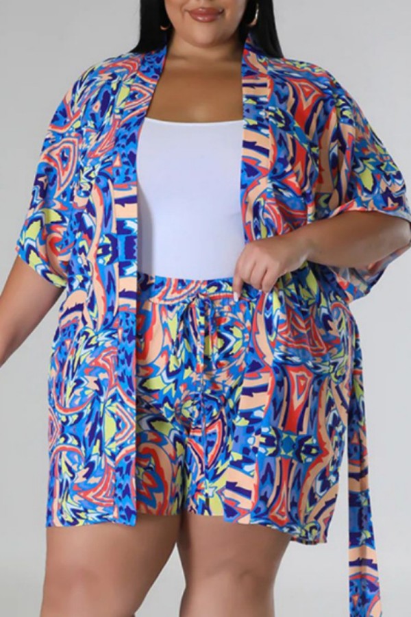 Blue Casual Print Cardigan V Neck Plus Size Two Pieces