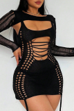 Black Sexy Solid Hollowed Out Strap Design O Neck One Step Skirt Dresses(Two Pieces)