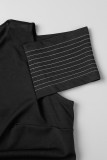 Schwarze, lässige, solide Patchwork-Kleider mit Schlitz und O-Ausschnitt und Wickelrock