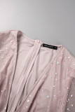 Pink Casual Patchwork Sequins See-through V Neck Long Sleeve Plus Size Dresses