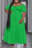 Зеленое повседневное однотонное длинное платье в стиле пэчворк с уздечкой и U-образным вырезом Платья больших размеров