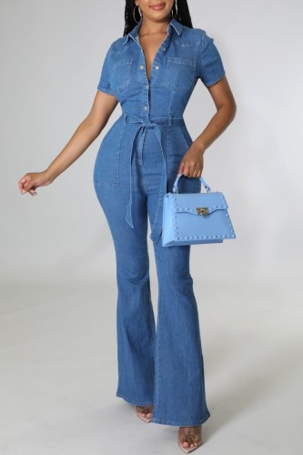 Синие повседневные однотонные джинсовые комбинезоны с отложным воротником в стиле пэчворк и короткими рукавами