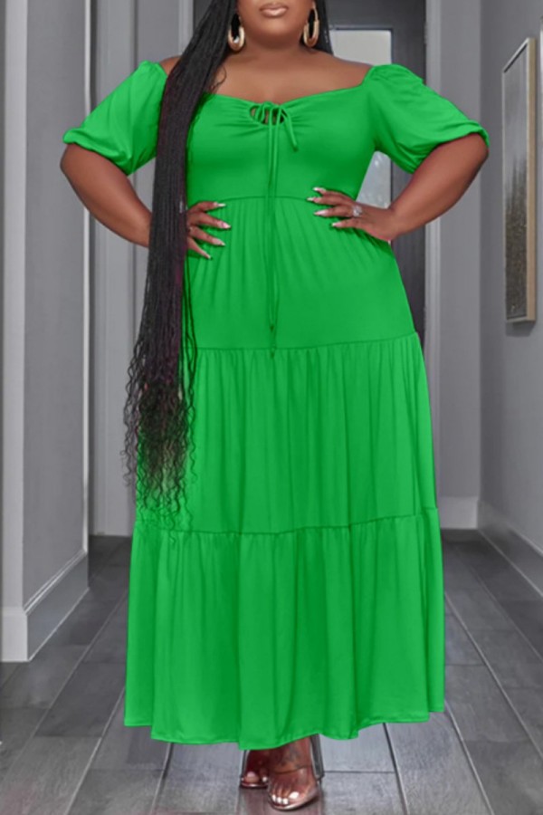 Зеленое повседневное однотонное длинное платье в стиле пэчворк с уздечкой и U-образным вырезом Платья больших размеров