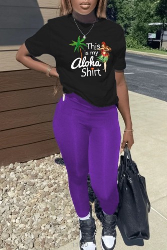 Black Purple Casual Print Basic O Neck Short Sleeve Two Pieces