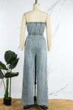 Blue Sexy Casual Solid Backless Strapless Sleeveless Regular Denim Jumpsuits