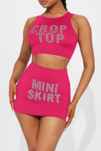 Rose Red Casual Letter Hot Drilling Patchwork O Neck Sleeveless Two Pieces