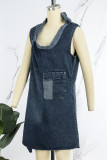 Navy Blue Casual O Neck Sleeveless Side Slit Tie Shoulder Denim Mini Dresses