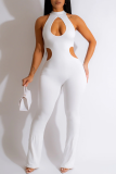 White Elegant Solid Patchwork Cut Out Half A Turtleneck Skinny Jumpsuits