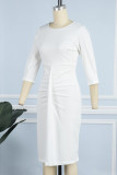 Vestidos de falda de lápiz con cuello en O de patchwork sólido casual blanco