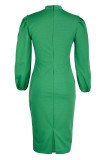 Vestidos de manga comprida casuais com decote oco e mangas compridas verdes