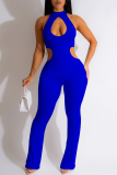 Red Elegant Solid Patchwork Cut Out Half A Turtleneck Skinny Jumpsuits