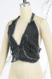 Negro Sexy Casual Solid Vendaje Patchwork Backless Halter Tops
