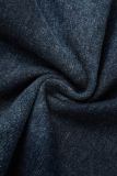Navy Blue Casual O Neck Sleeveless Side Slit Tie Shoulder Denim Mini Dresses
