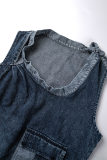 Navy Blue Casual O Neck Sleeveless Side Slit Tie Shoulder Denim Mini Dresses