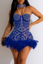Blue Sexy Patchwork Hot Drilling Feathers Backless Halter Skinny Romper