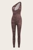 Coffee Sexy Casual Print Hollowed Out Oblique Collar Skinny Jumpsuits