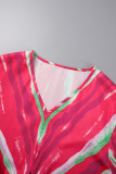 Due pezzi a maniche lunghe con scollo a V patchwork con stampa casual rossa rosa