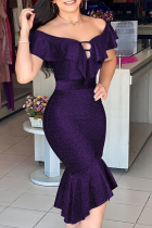 Темно-фиолетовый сексуальный принт Пэчворк Оборка с открытыми плечами Нерегулярное платье Платья