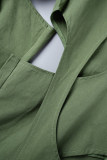 Calça verde militar lisa lisa vazada patchwork regular cintura alta convencional de cor sólida