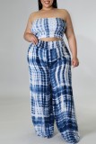 Blue Casual Print Tie Dye Backless Strapless Plus Size Two Pieces