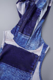 Blue Casual Print Bandage Hooded Collar Sleeveless Two Pieces