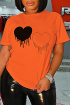 Naranja Casual Simplicity Imprimir Patchwork O Cuello Camisetas
