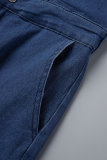 Deep Blue Casual Solid Hollowed Out Frenulum Turndown Collar Short Sleeve Front Tie Skinny Denim Jumpsuits