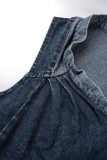 Navy Blue Casual O Neck Sleeveless Side Slit Tie Shoulder Denim Mini Dresses