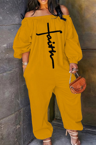 Yellow Casual Print Patchwork Off the Shoulder Loose Jumpsuits