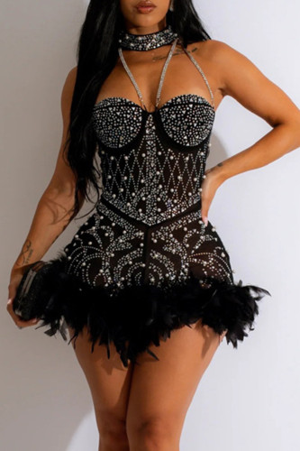 Black Sexy Patchwork Hot Drilling Feathers Backless Halter Skinny Romper