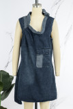 Navy Blue Casual O Neck Sleeveless Side Slit Tie Shoulder Denim Mini Dresses