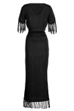 Noir Sexy Solid Tassel Slit V Neck Short Sleeve Two Pieces