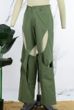 Calça verde militar lisa lisa vazada patchwork regular cintura alta convencional de cor sólida