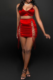 Red Sexy Solid Hollowed Out Frenulum Backless Spaghetti Strap Sleeveless Two Pieces