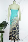 Khaki Sexy Casual Print Hollowed Out Backless Strapless Long Dress Dresses