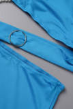 Azul Sexy Sólido Ahuecado Accesorios de metal Decoración Sin respaldo Perla Hombro frío Vestidos de falda envueltos
