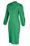 Green Fashion Casual Solid Hollowed Out O Neck Long Sleeve Dresses