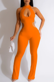 Orange Elegant Solid Patchwork Cut Out Half A Turtleneck Skinny Jumpsuits